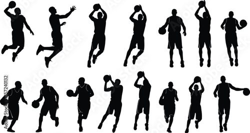 Basketball player silhouettes set showing dribbling, jumping, shooting and dunking actions in dynamic sports motion isolated on white backgroundWeb