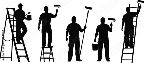 House painter silhouettes set showing professional workers using rollers, paint buckets and ladders for home renovation isolated on white backgroundWeb