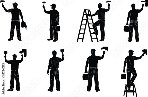 Painter and handyman silhouettes set showing workers using paint rollers, ladders and tools for home renovation isolated on white backgroundWeb