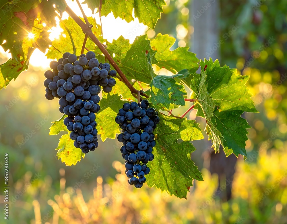 Naklejka premium Close-up of ripe, dark grapes hanging from a vine, sunlit background