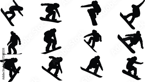 Snowboarder silhouettes collection showing freestyle jumps, aerial tricks and dynamic winter sport action isolated on white backgroundWeb