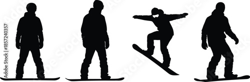Snowboarder silhouettes set showing riders standing, gliding and jumping in dynamic winter sport action isolated on white backgroundWeb