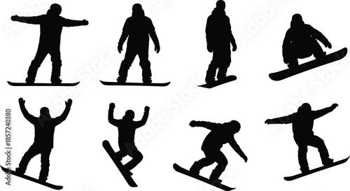 Snowboarder silhouettes set showing standing, gliding and jumping poses in dynamic winter freestyle sport isolated on white backgroundWeb