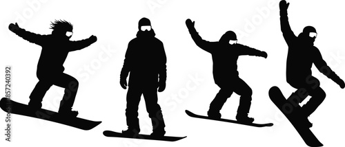 Snowboarder silhouettes showing freestyle riding, balance and jumping actions in dynamic winter extreme sport isolated on white backgroundWeb