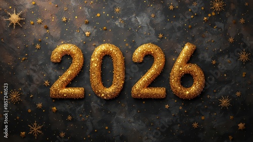 Glittering gold numbers 2026 on dark background with starry night sky and golden sparkles, festive and celebratory atmosphere for new year