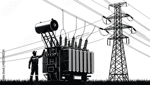 Silhouette of electrician inspecting high voltage transformer, power transmission tower background, energy industry concept, cad drawing flat vector illustration