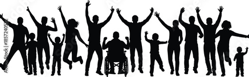 Diverse group of happy people silhouettes including children and wheelchair user celebrating together representing inclusion, equality, unity, and community lifestyle concept