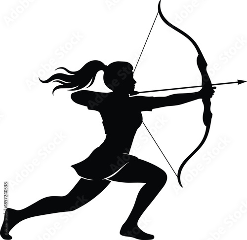 Silhouette of female archer shooting bow, woman warrior huntress, archery sport icon, black logo, isolated, cad drawing flat vector illustration