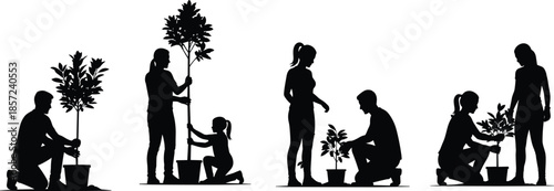 Silhouettes of people planting trees, men women and child gardening, reforestation concept, cad drawing flat vector illustration