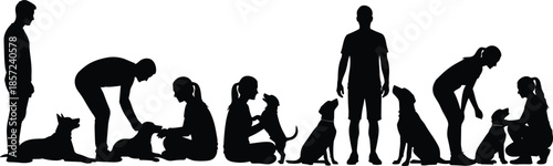 People and dog silhouettes interacting together showing training, sitting, caring, and bonding moments representing modern pet ownership lifestyle concept