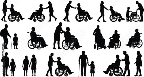 Silhouettes of caregivers assisting wheelchair users and families, illustrating disability support, senior care, mobility assistance, inclusion, healthcare, and social responsibility.