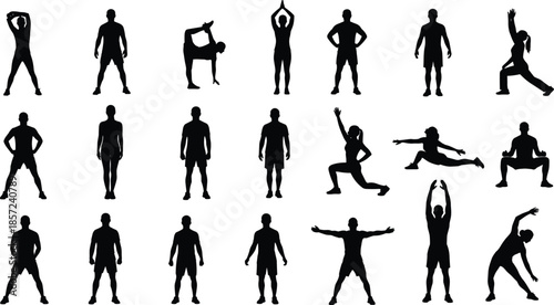 Silhouettes of fitness poses, black figures, stretching and exercise movements, warm-up gestures, white background, physical activity reference illustration