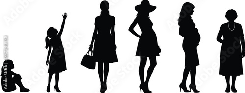 Female silhouettes showing life stages from childhood to adulthood, representing growth, motherhood, fashion, femininity, lifestyle evolution, and human development.