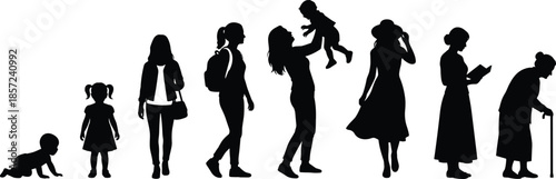 Female life stages silhouettes from infancy to old age illustrating motherhood growth family evolution and human life cycle.