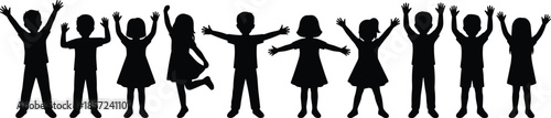 Children silhouettes standing with raised arms, expressing happiness, unity, freedom, childhood joy, playfulness, diversity, and positive group energy concept.