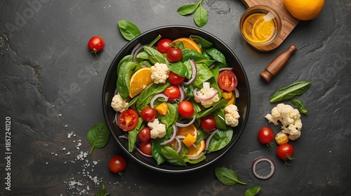 Fresh Spinach Orange Salad with Cherry Tomatoes and Cauliflower