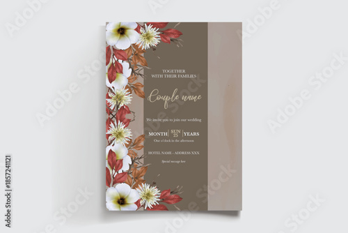 WEDDING INVITATION FRAME WITH FLOWER DECORATIONS AND FRESH LEAVES