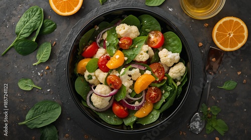 Fresh Spinach Orange Salad with Cherry Tomatoes and Cauliflower
