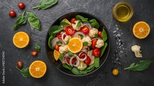 Fresh Spinach Orange Salad with Cherry Tomatoes and Cauliflower