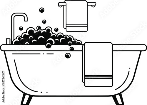 Black and white line art of a bathtub filled with bubbles and a faucet
