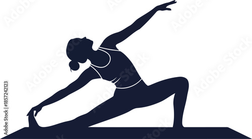 Dark blue silhouette of a woman in a yoga pose on a mat