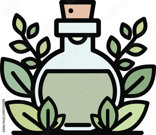 Glass bottle with cork and green leaves icon liquid