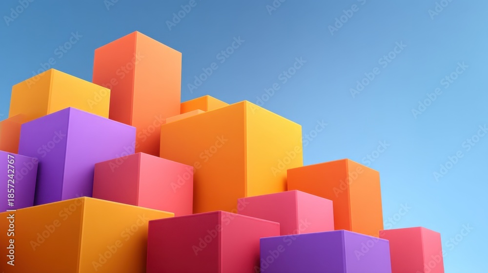 Obraz premium Colorful geometric shapes in vibrant orange, pink, purple, and yellow stacked against a bright blue sky showcasing abstract design and playful elements