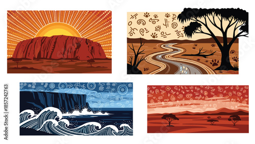 Vibrant Australian landscapes with Uluru rock formation and desert scenes, Generative AI.