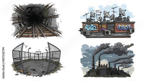 Urban decay scenes with abandoned tunnel graffiti wall broken basketball court and polluting factory, Generative AI.