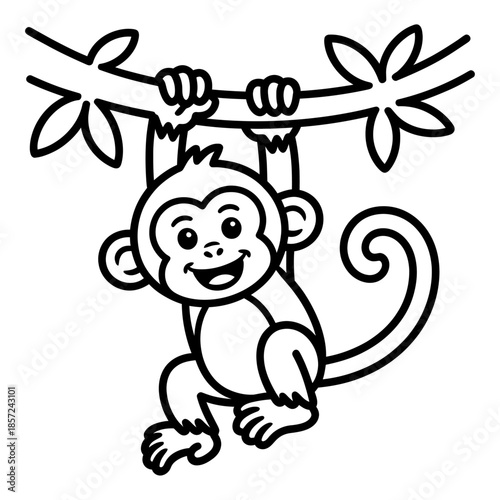 line art of a little monkey hanging from a branch with a playful smile and curious expression