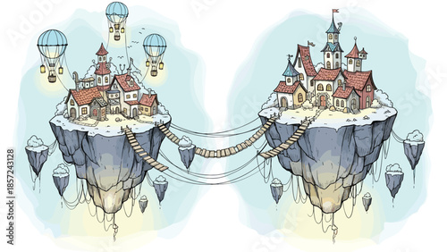 Whimsical floating islands with charming houses and hot air balloons, Generative AI.