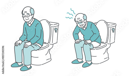 トイレに座る高齢男性のビフォーアフターイラスト（快便と便秘・前立腺肥大・比較）
