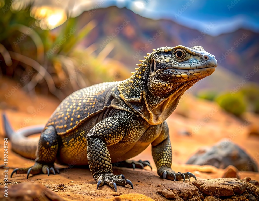 Fototapeta premium Lizard basking in sunlight, facing forward, on a rocky terrain with mountains