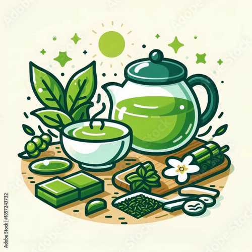 Green Tea Leaves and Tea Pot Illustration.