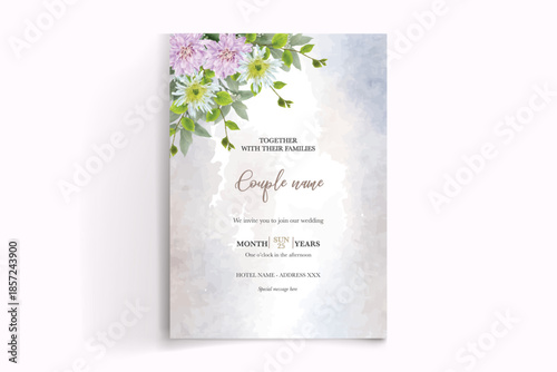 WEDDING INVITATION FRAME WITH FLOWER DECORATIONS AND FRESH LEAVES