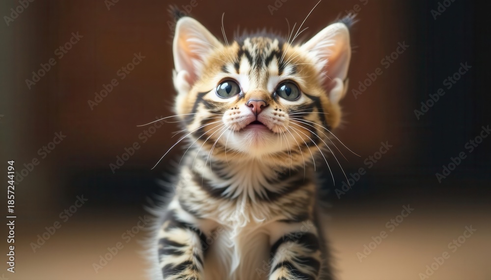 Fototapeta premium Curious kitten with wide eyes looking upwards, playful expression , delightful, lovely
