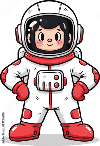 Cartoon astronaut character in white spacesuit with red accents standing confidently.