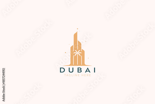 Abstract Skyscraper with Palm Tree Logo Silhouette Tower Business Sign Symbol Dubai Travel Hotel Apartment Building