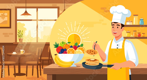 Chef Preparing Breakfast in Kitchen.