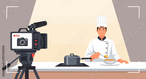 Chef Preparing Food in Kitchen Studio.