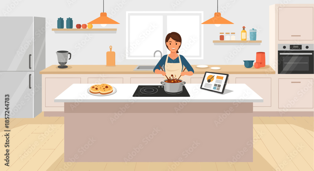 Fototapeta premium Woman Cooking in Modern Kitchen with Tablet.