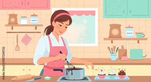 Woman Baking Cake in Kitchen.