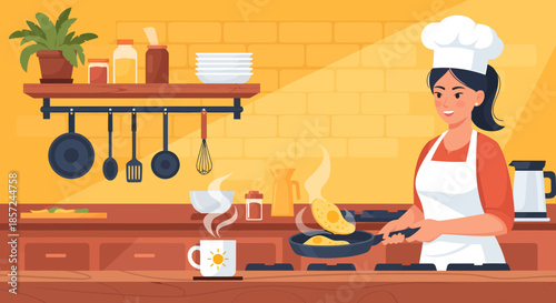 Woman Chef Cooking in Kitchen Illustration.