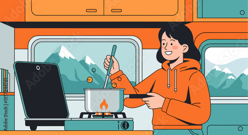 Woman Cooking in a Camper Kitchen.