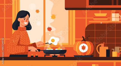 Woman Cooking Eggs in Kitchen Illustration.