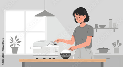 Woman Cooking in Modern Kitchen Illustration.