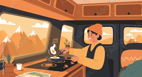 Woman Cooking Inside a Motorhome.