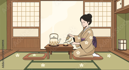 Woman in traditional Japanese kimono serving tea.