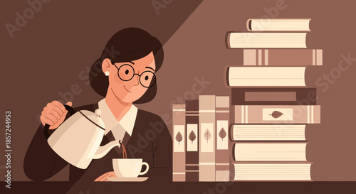 Woman Pouring Coffee Near Books.