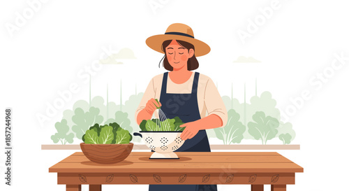 Woman Preparing Fresh Green Vegetables at Table.